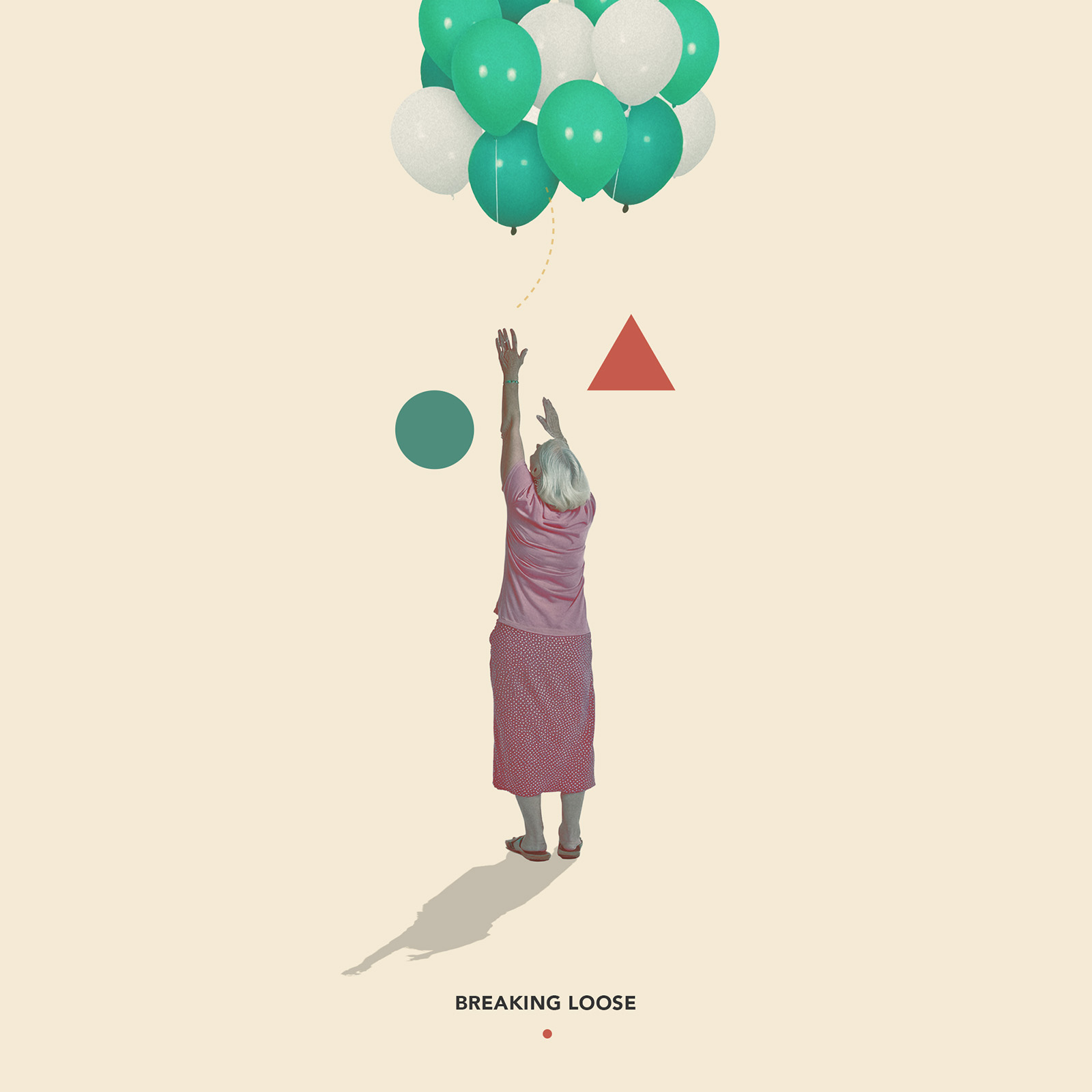 Breaking Loose, a surreal collage by James Dowland showing an older woman reaching for green and white balloons floating out of reach.