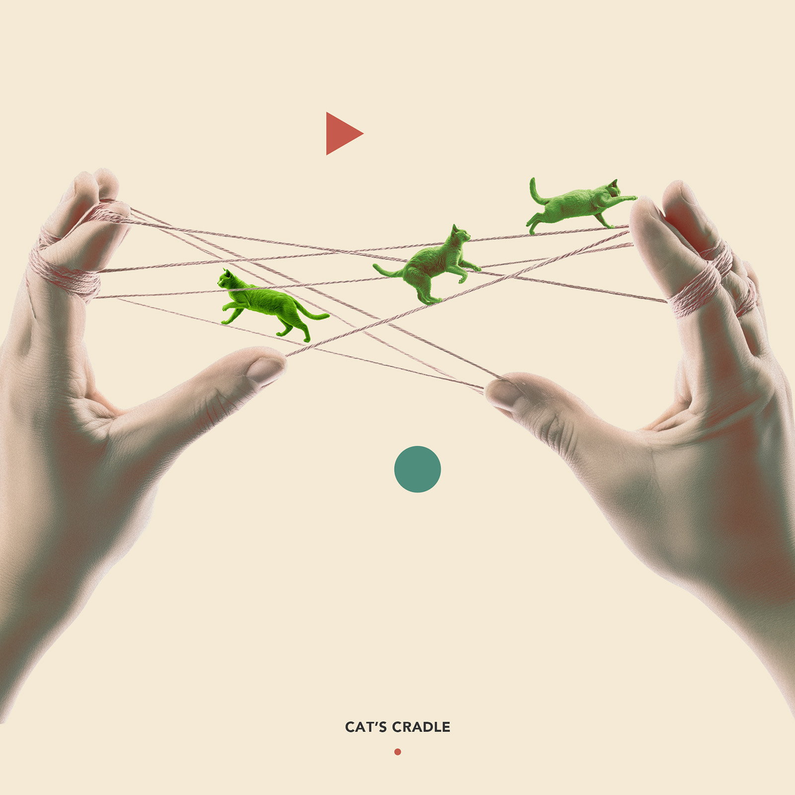 Cat's Cradle, a surreal collage by James Dowland showing miniature green cats running across a web of string held between two hands.