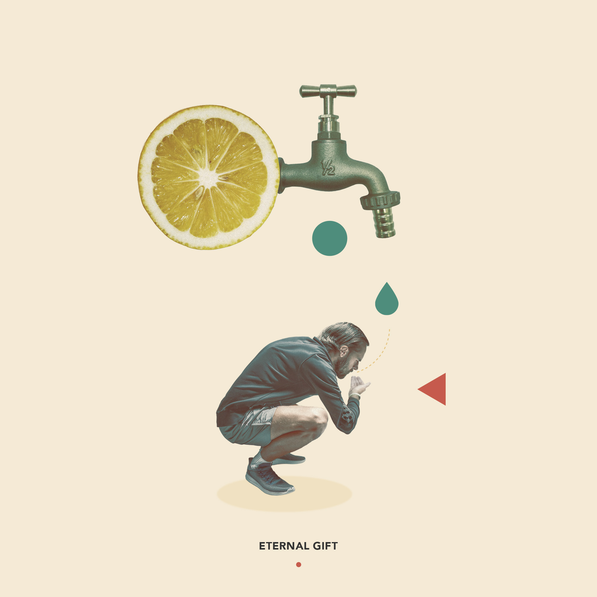 Eternal Gift, a surreal collage by James Dowland showing a crouching man waiting beneath a water drop from a tap attached to a sliced lemon.