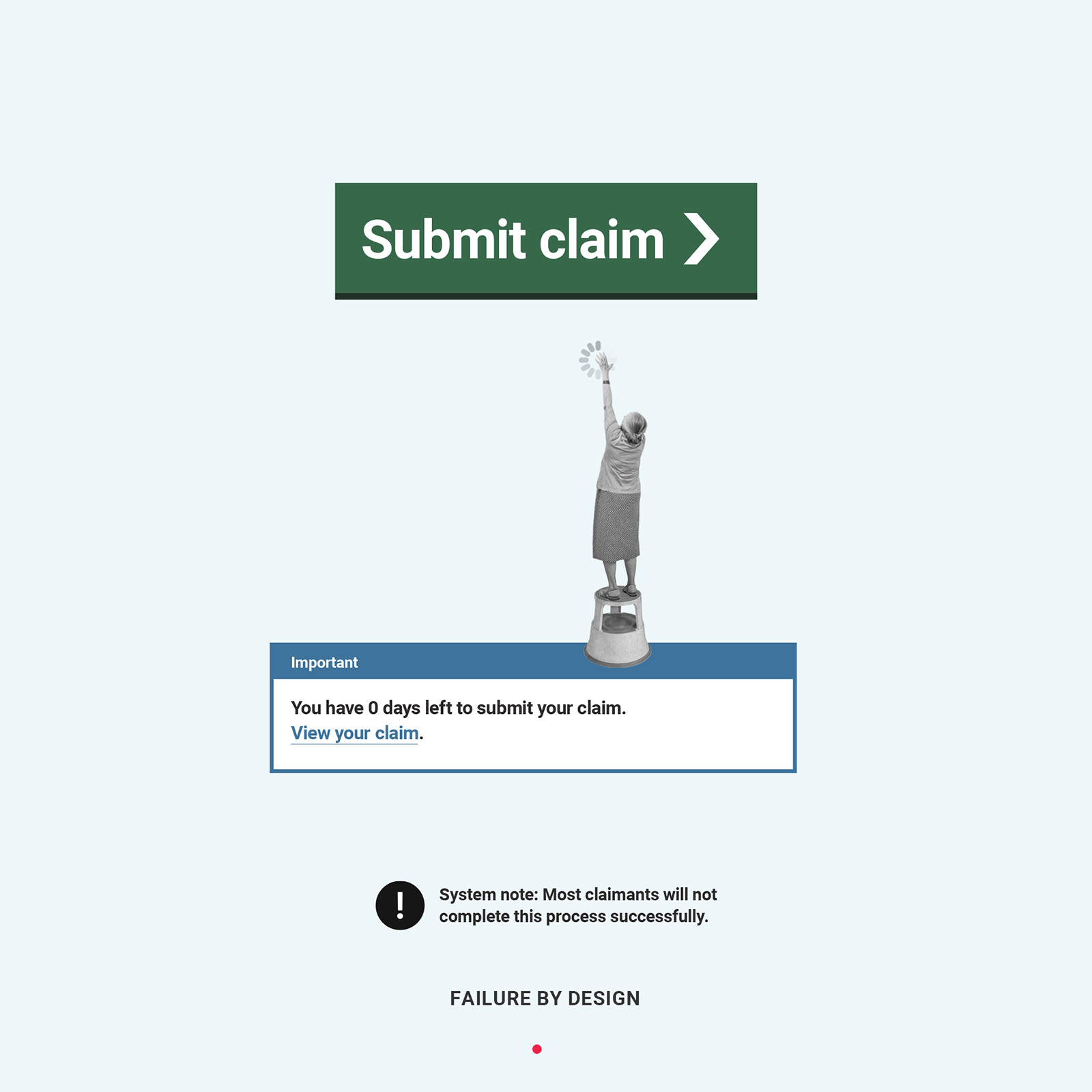 Failure by Design, an editorial collage by James Dowland showing an older woman reaching for an inaccessible Submit claim button.