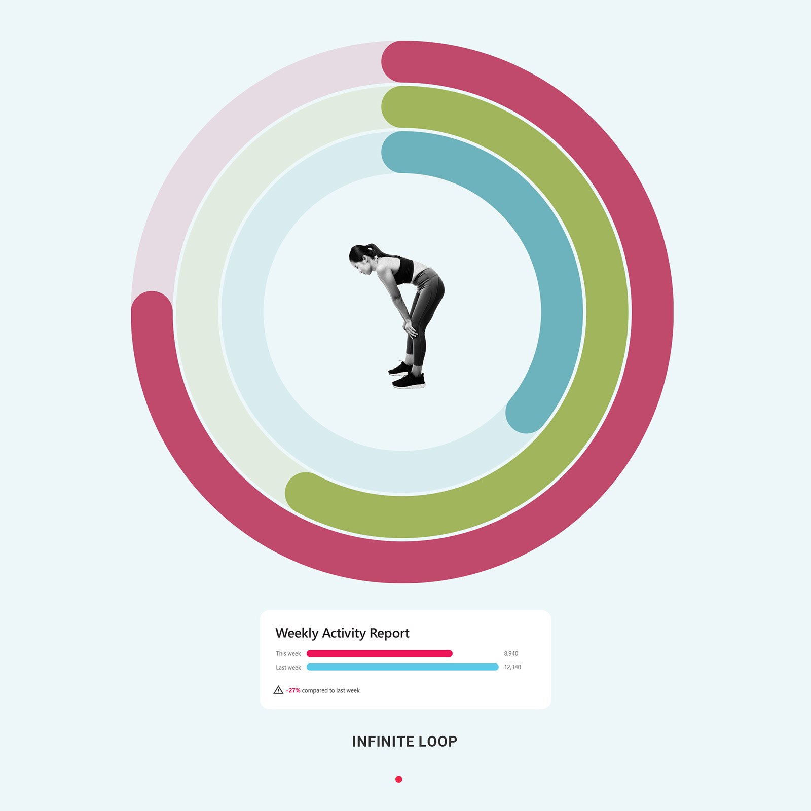 Infinite Loop, an editorial collage by James Dowland showing an exhausted woman surrounded by fitness-tracker activity rings and a declining weekly report.