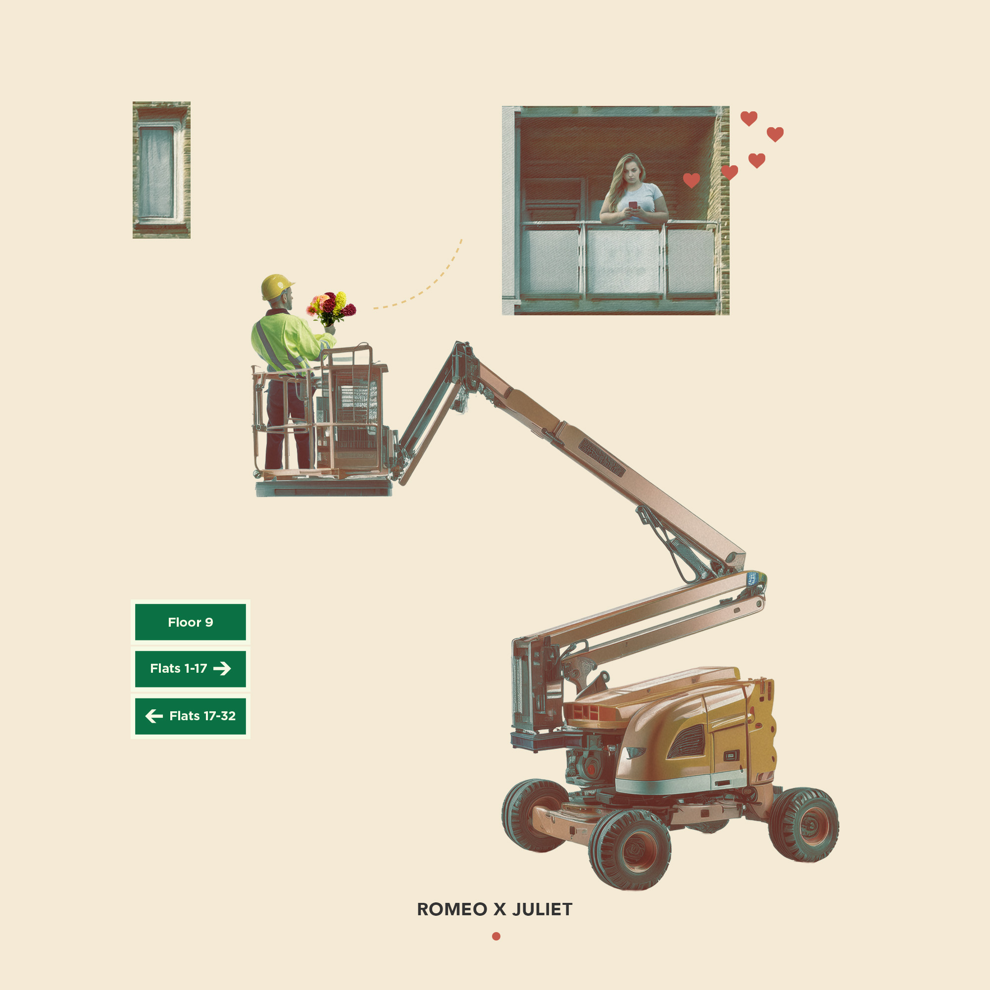 Romeo x Juliet, a surreal collage by James Dowland showing a worker on a cherry picker offering flowers to a woman on a high-rise balcony.