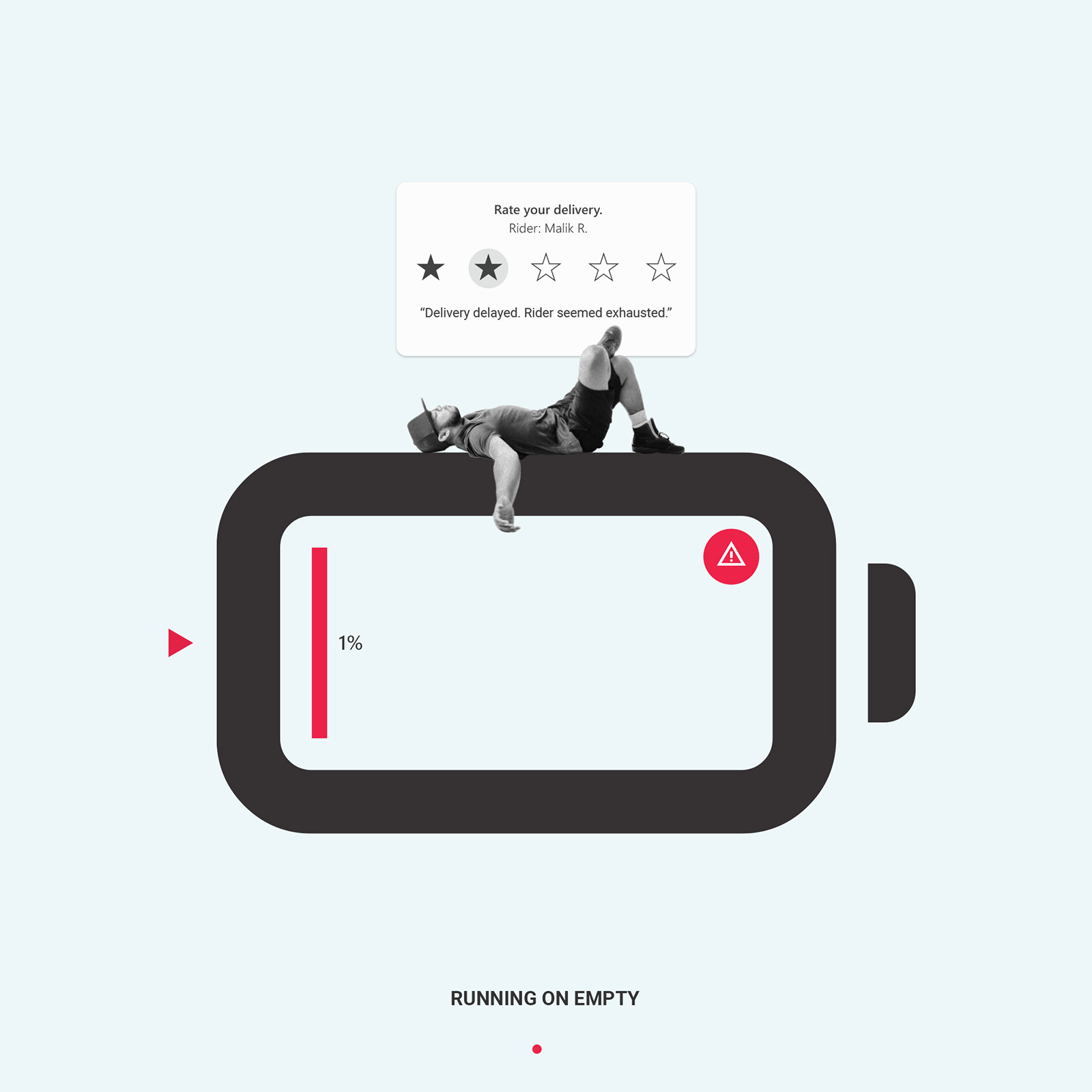 Running on Empty, an editorial collage by James Dowland showing an exhausted delivery rider lying on a battery at one percent charge.
