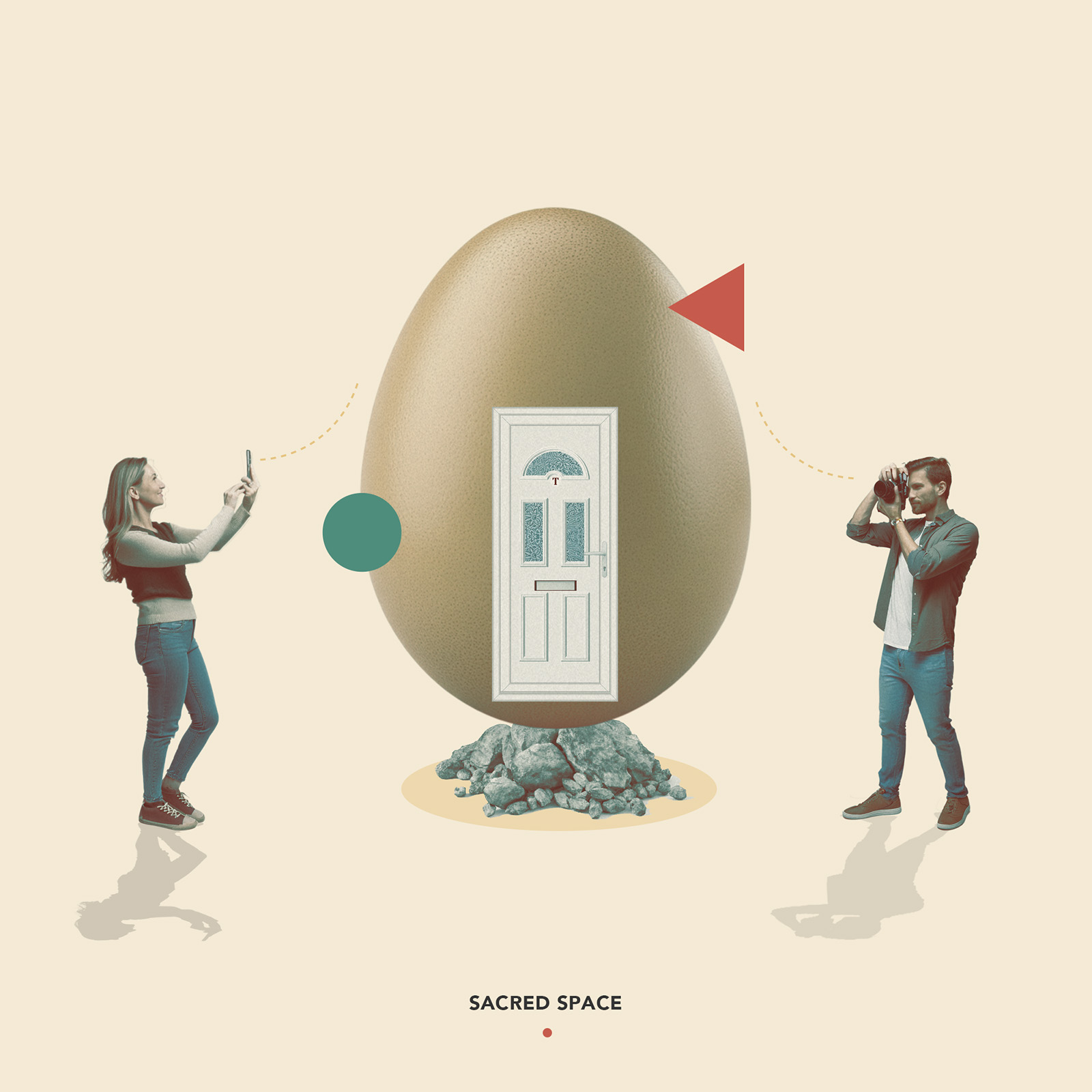 Sacred Space, a surreal collage by James Dowland showing two people photographing a monumental egg-shaped building with a front door.