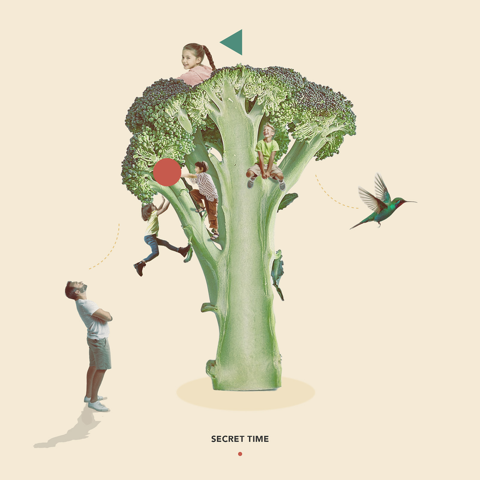Secret Time, a surreal collage by James Dowland showing children climbing and playing inside a giant broccoli stalk while an adult watches.