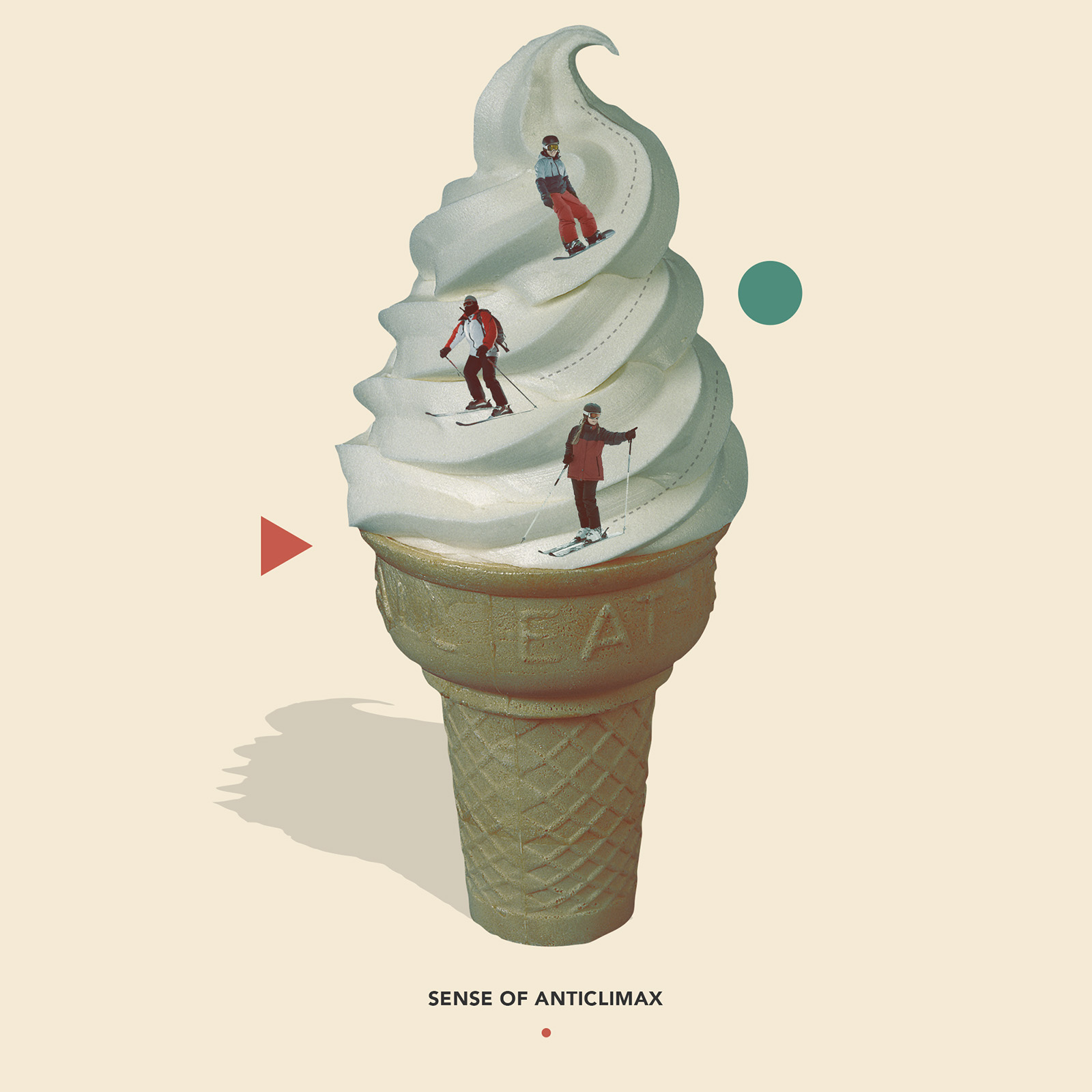 Sense of Anticlimax, a surreal collage by James Dowland showing tiny skiers descending the spiral of a giant soft-serve ice cream.